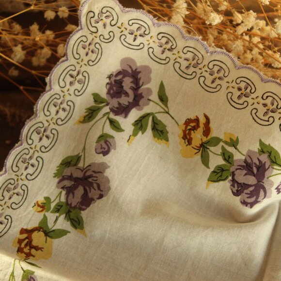 Vintage Handkerchief, Purple and Yellow Roses Flower Print Cotton Hankie - Picture 9 of 12